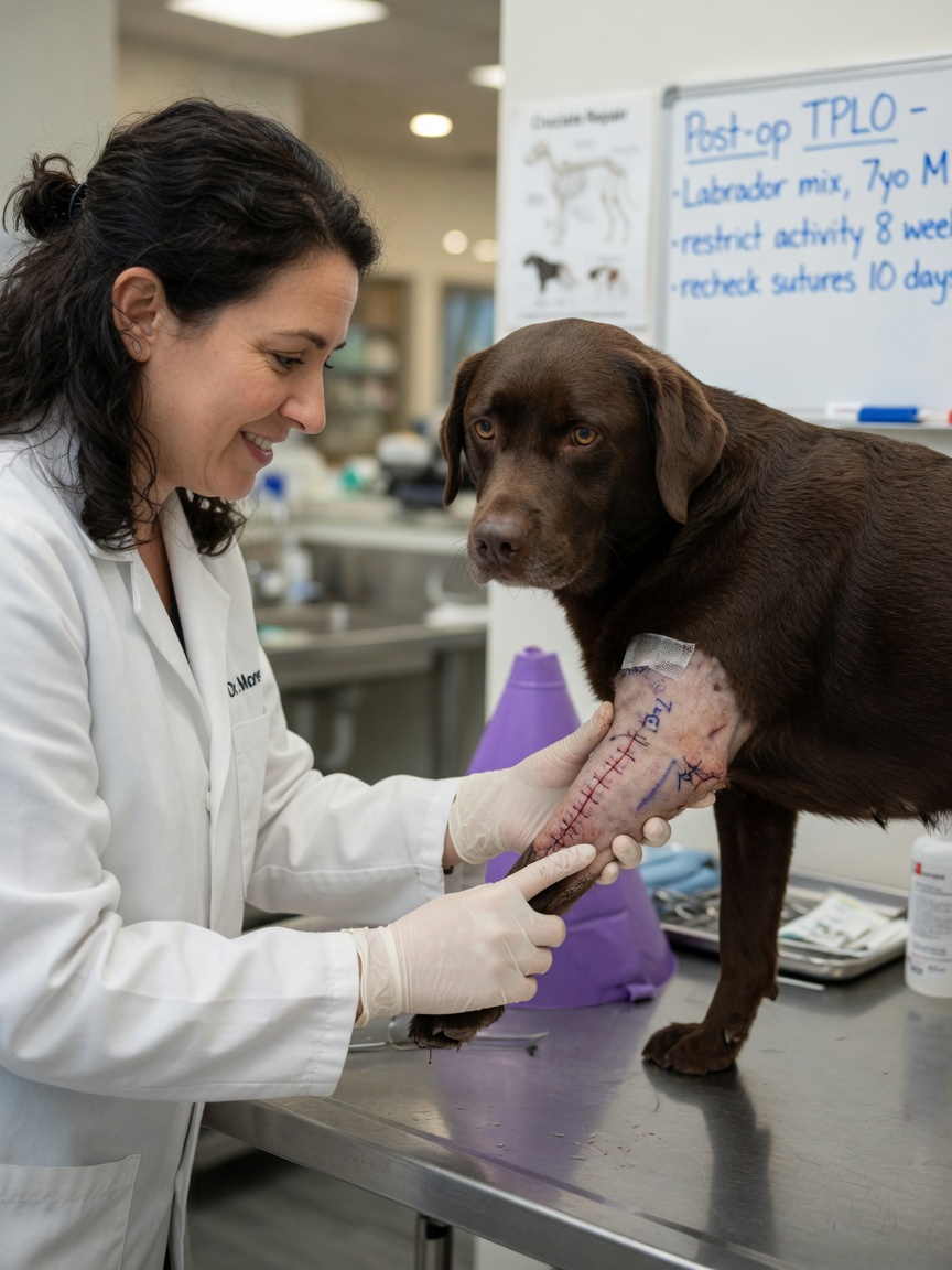 Veterinarian examining post-operative incision site on a Labrador's leg during recovery check-up