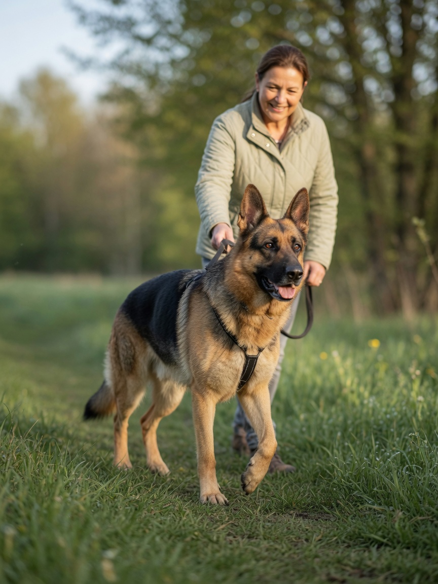 German Shepherd with improved mobility walking comfortably alongside owner during post-surgical recovery