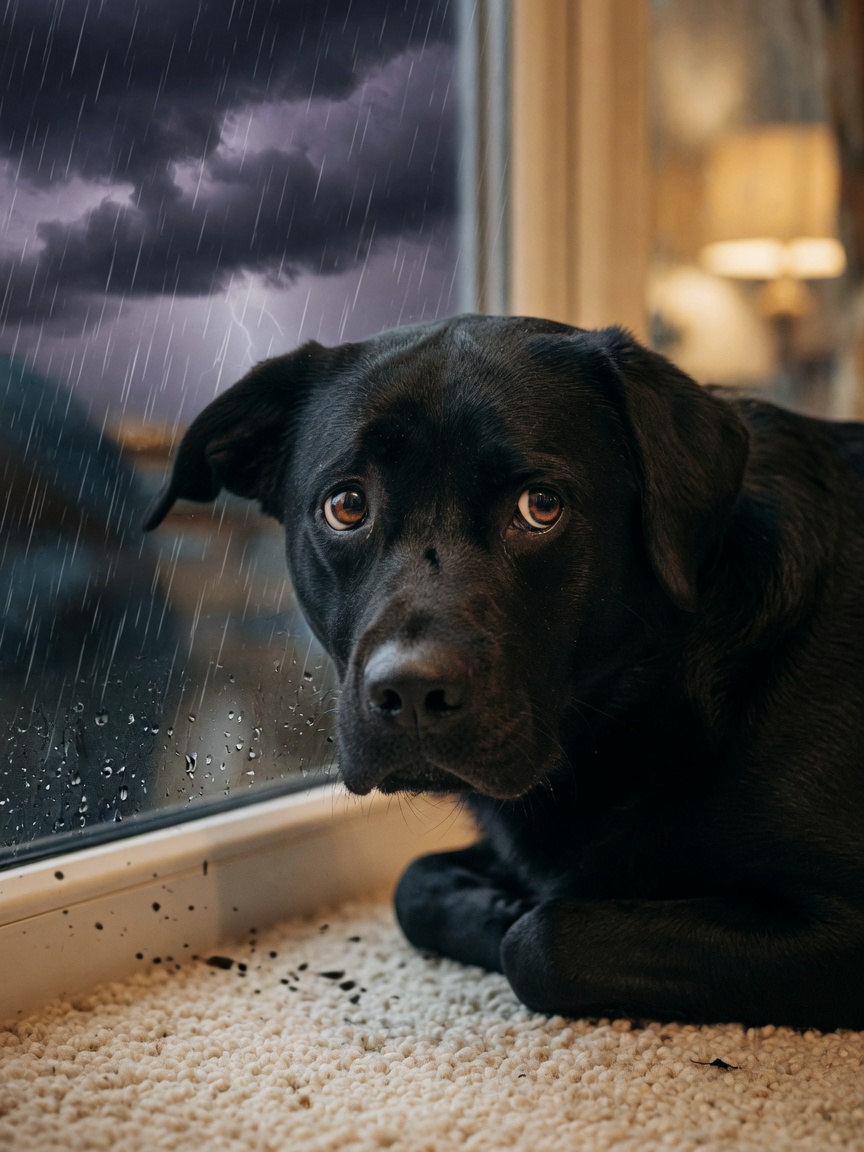 Black Labrador showing signs of storm anxiety with dilated pupils and tense body posture