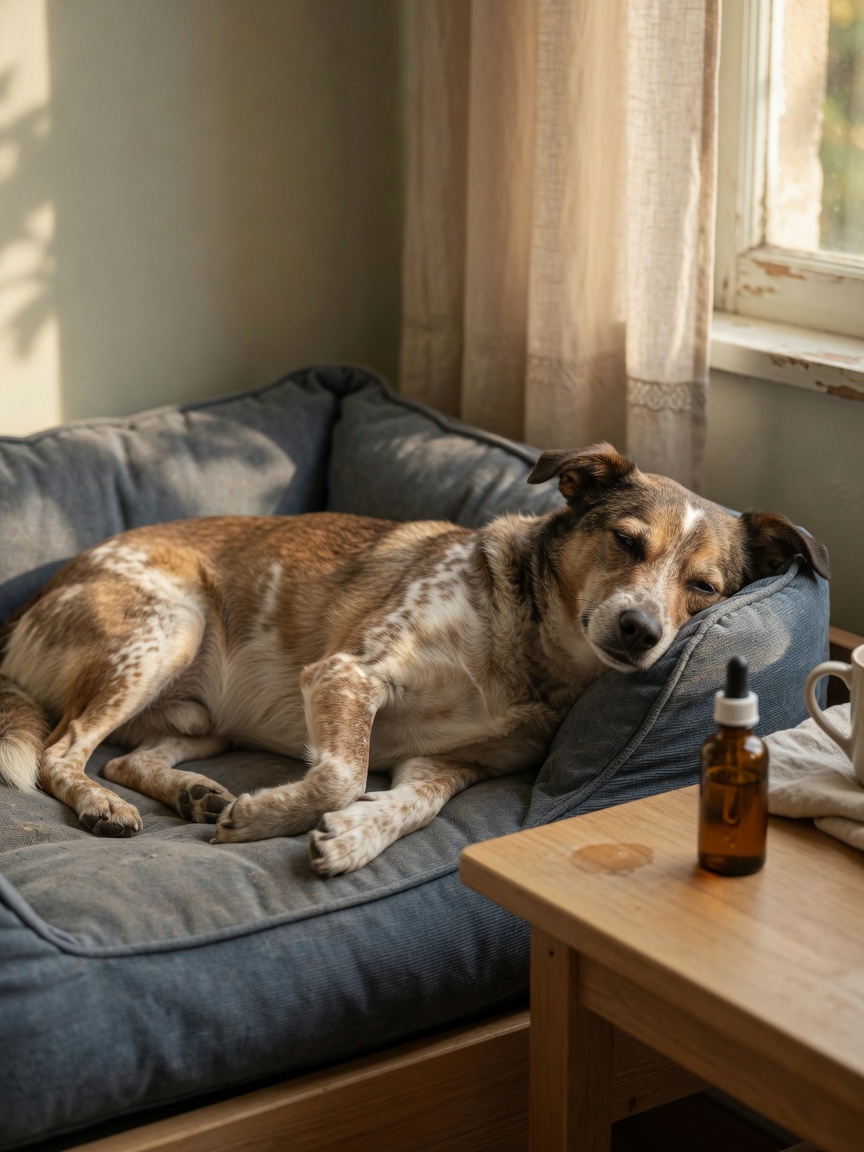Calm, relaxed dog resting peacefully with CBD dropper bottle on nearby table