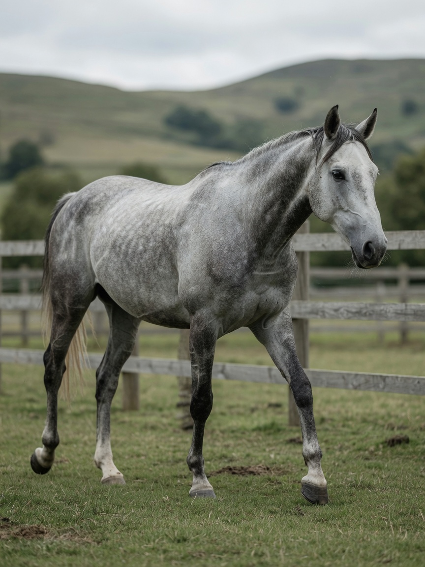 Gray horse with visible stiffness and limp, demonstrating musculoskeletal pain and reduced mobility in paddock