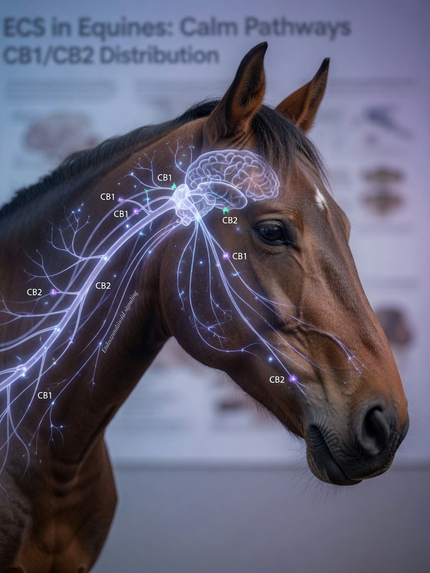 Close-up of bay horse's head with subtle bioluminescent pathways representing the endocannabinoid system and neural pathways