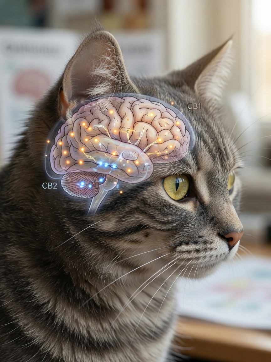 Scientific visualization of endocannabinoid system receptors in a cat's brain