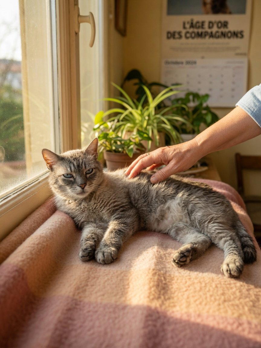 Senior cat with degenerative joint disease resting peacefully with owner's gentle hand support