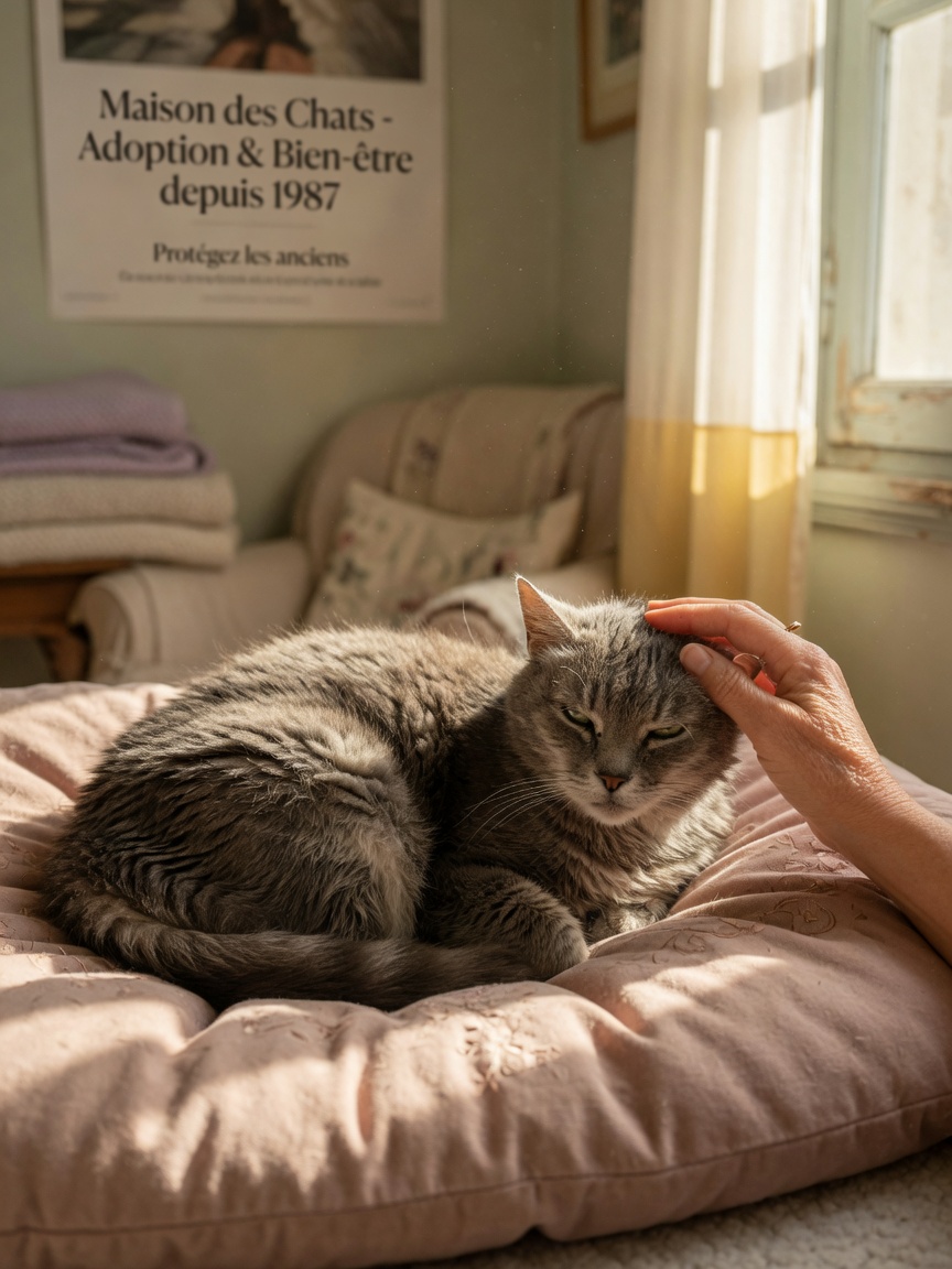 Elderly tabby cat resting peacefully by a window with owner's gentle hand nearby