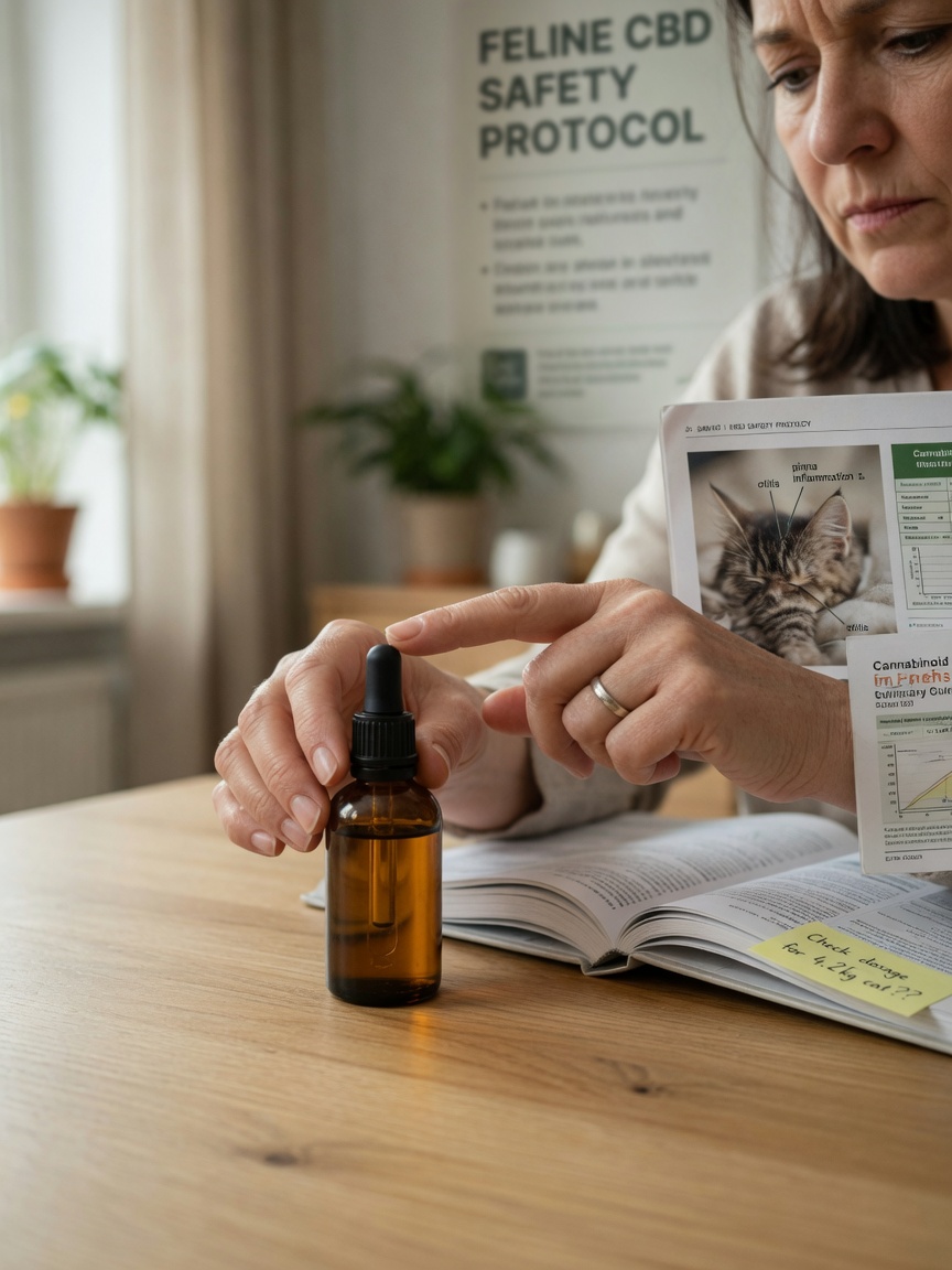 Cat owner carefully examining a CBD oil bottle with reference materials, showing responsible research before administration