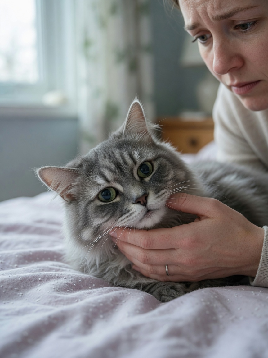 Concerned owner comforting disoriented cat showing signs of THC toxicity
