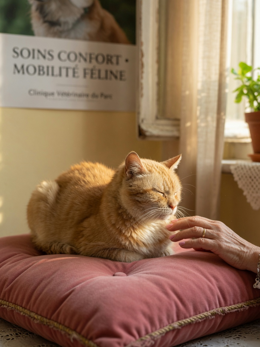 Senior cat resting peacefully on cushion by sunlit window, suggesting comfort support for mobility