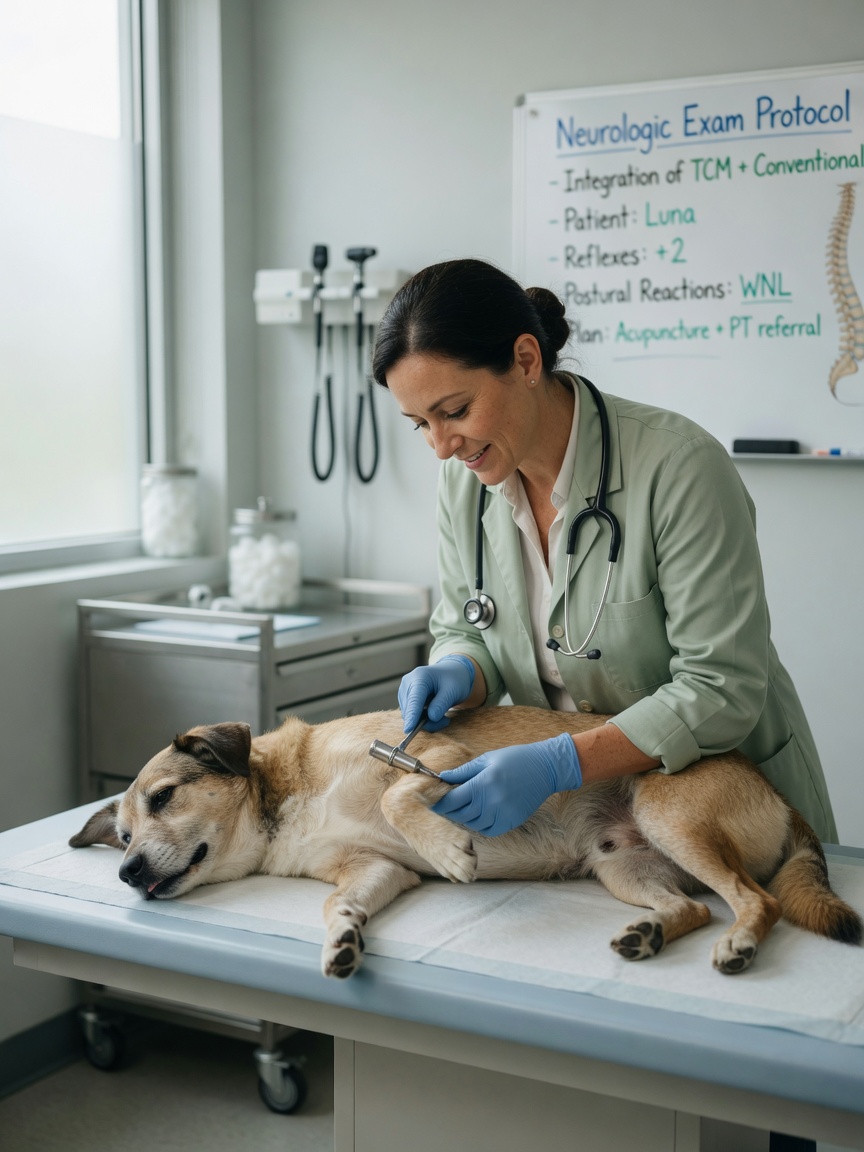 Veterinarian examining a calm dog during clinical assessment, representing scientific research on CBD effects