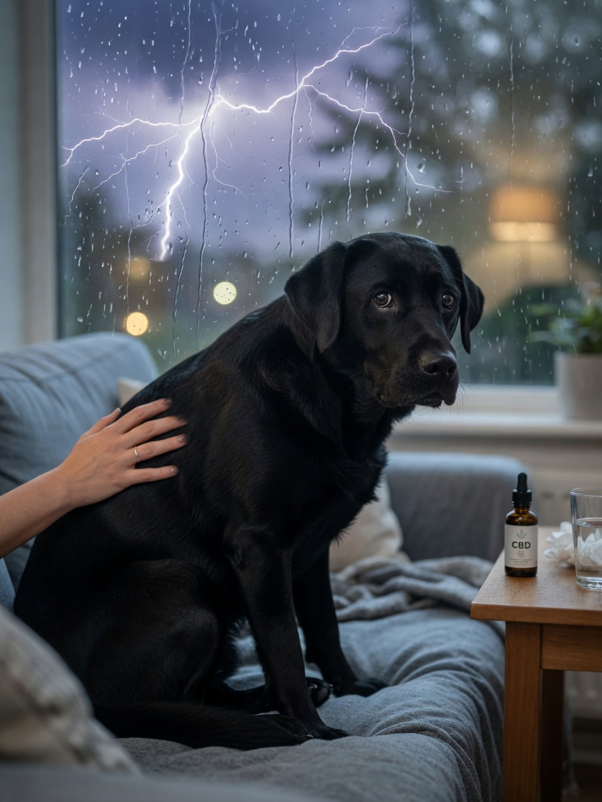 Labrador nero ansioso durante un temporale con la mano rassicurante del proprietario e una bottiglia di olio CBD vicina