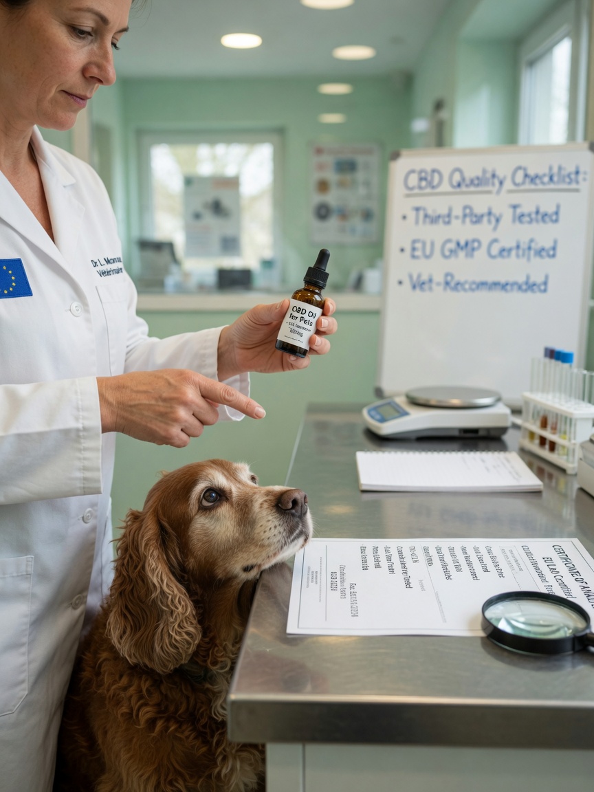 Veterinario che esamina il certificato di analisi dell'olio CBD con uno spaniel anziano presente in una moderna clinica