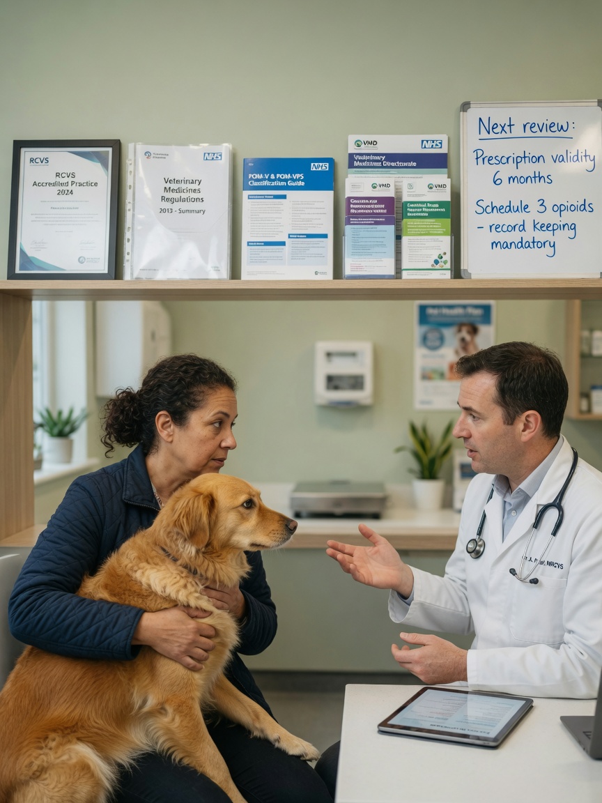 Um veterinário discutindo regulações de produtos de CBD e alegações medicinais com um proprietário de cão numa clínica moderna do Reino Unido