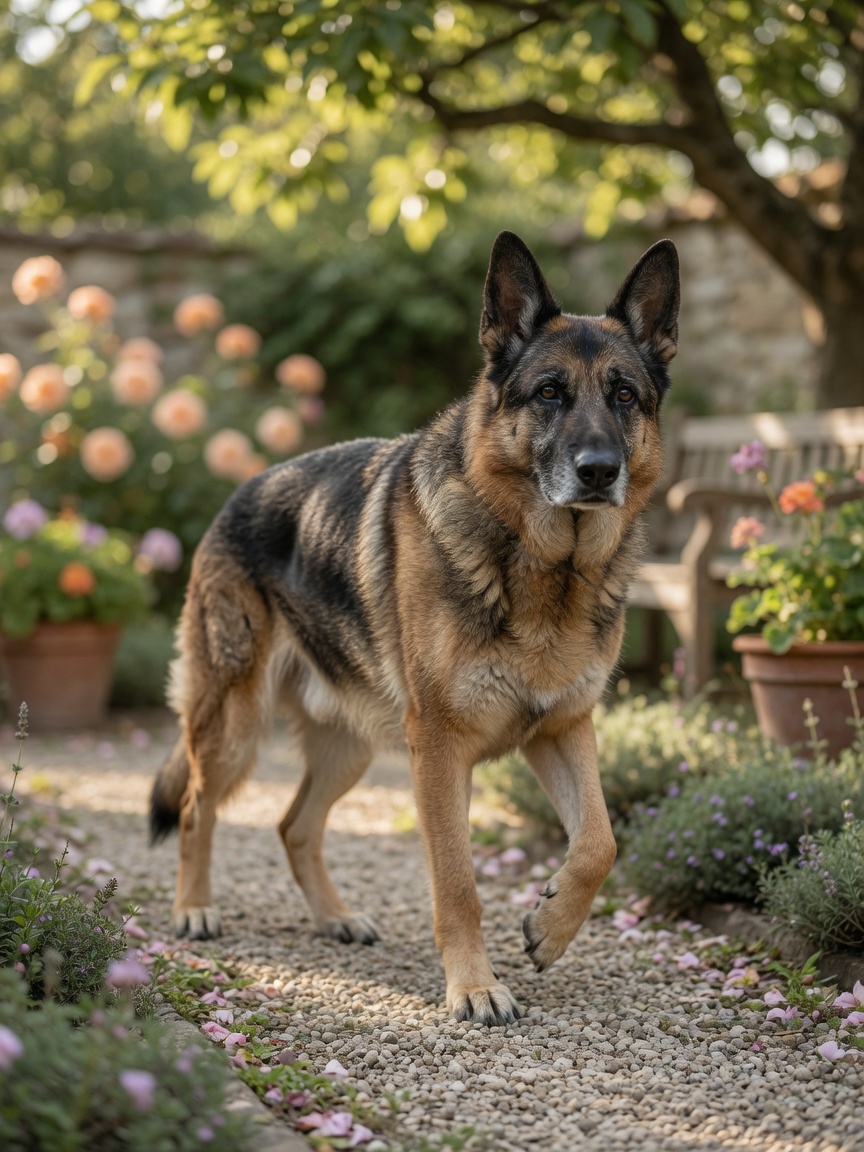 Senior German Shepherd moving comfortably in a garden, demonstrating improved mobility