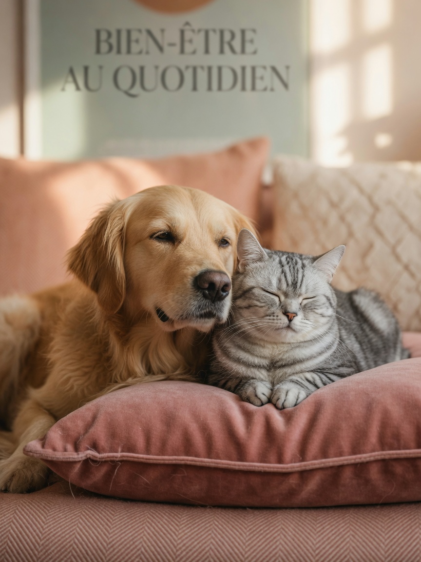 Um cão calmo e um gato descansando pacificamente juntos, representando os potenciais benefícios de bem-estar do CBD para animais de estimação.