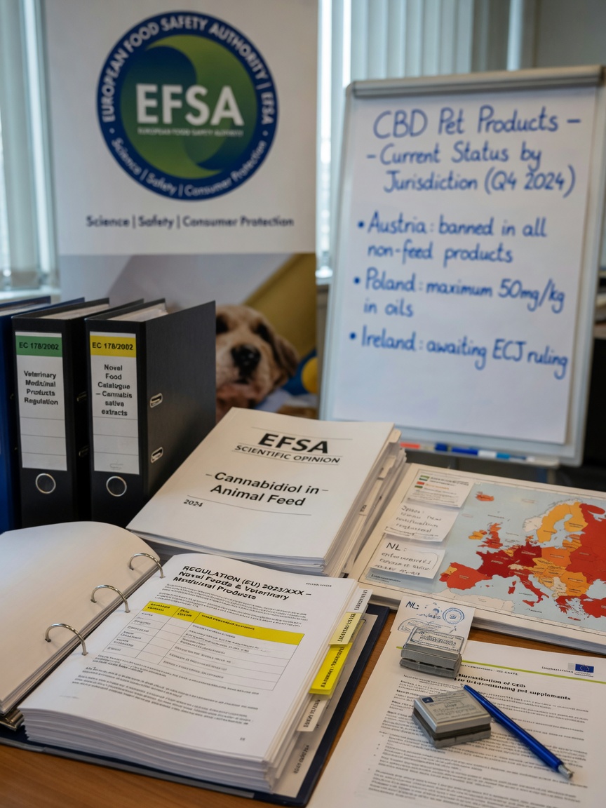 Documentos regulatórios da UE e materiais de conformidade representando o marco legal complexo que governa produtos CBD para animais de estimação na Europa.