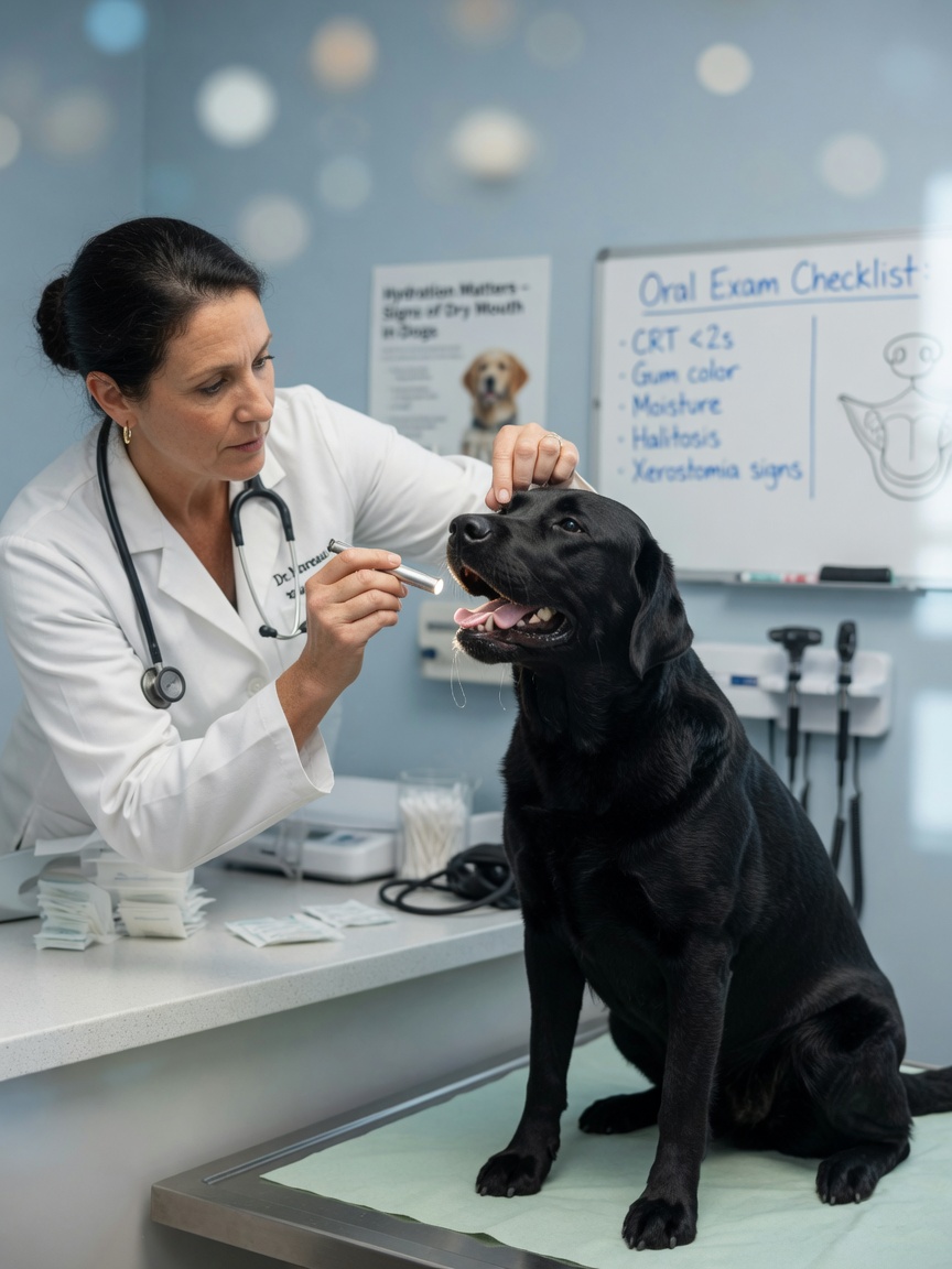 Veterinarian examining a dog's mouth and gums during physical assessment for CBD side effects