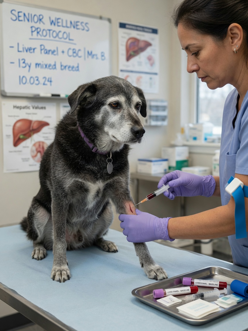 Veterinarian drawing blood from a senior dog for baseline liver function testing before CBD supplementation