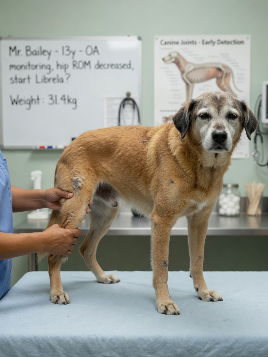 Veterinarian examining senior dog's hind leg joints on examination table during orthopedic assessment