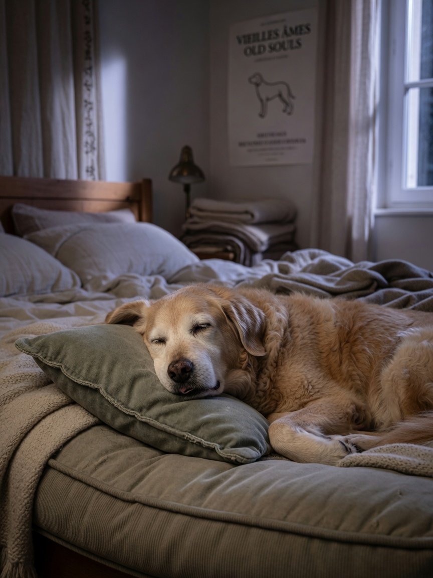Senior dog sleeping peacefully on cushioned bed in soft natural light through window