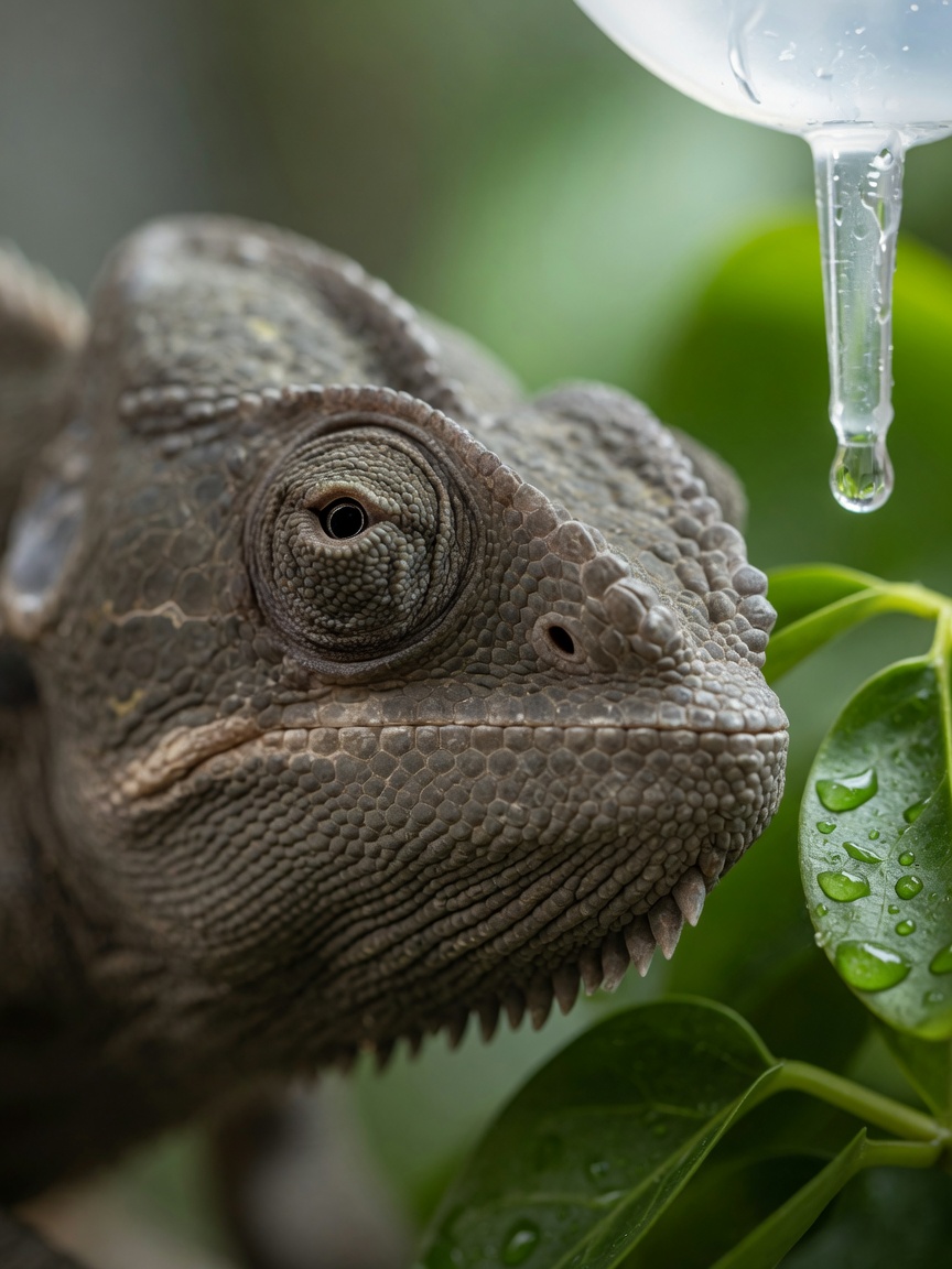 Veiled chameleon with visibly sunken eyes indicating dehydration, with drip system visible in soft-focused background