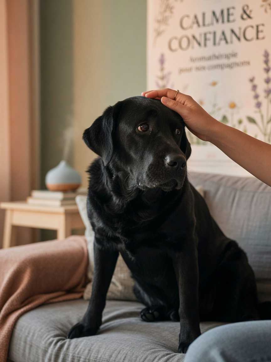 Labrador nero ansioso confortato delicatamente dalla mano del proprietario sul divano in un ambiente domestico calmo