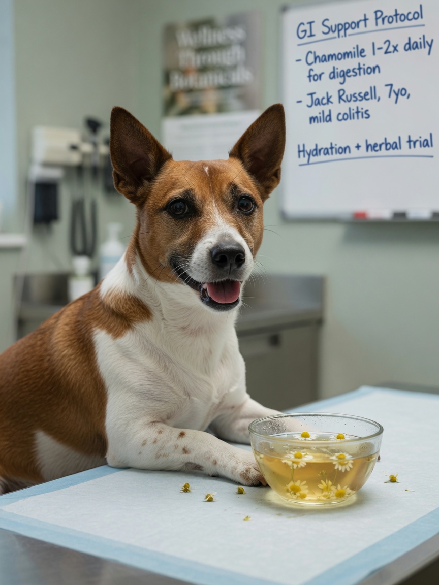 Jack Russell Terrier con rimedio a base di tè di camomilla sul tavolo dell'esame veterinario che dimostra il supporto della salute digestiva