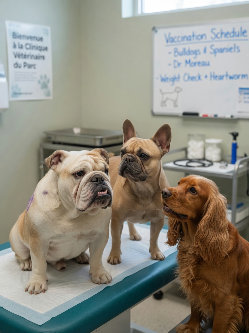 Drei Hunderassen anfällig für Cherry Eye: English Bulldog, French Bulldog und Cocker Spaniel sitzen zusammen in einer Tierarztpraxis