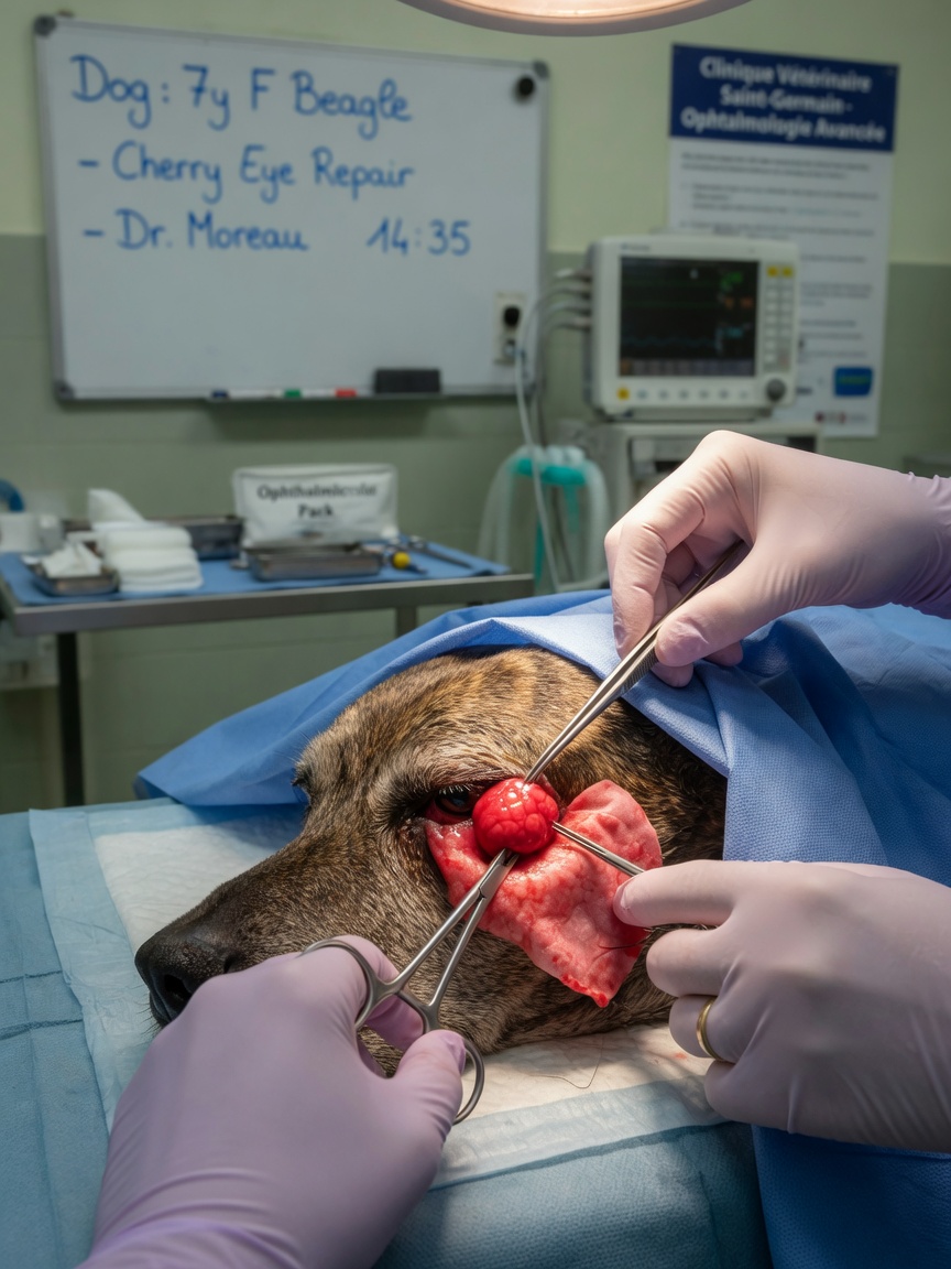 Tierärztlicher Ophthalmologe führt chirurgische Neupositionierung einer prolabierten Nickhautdrüse während Cherry-Eye-Operation durch