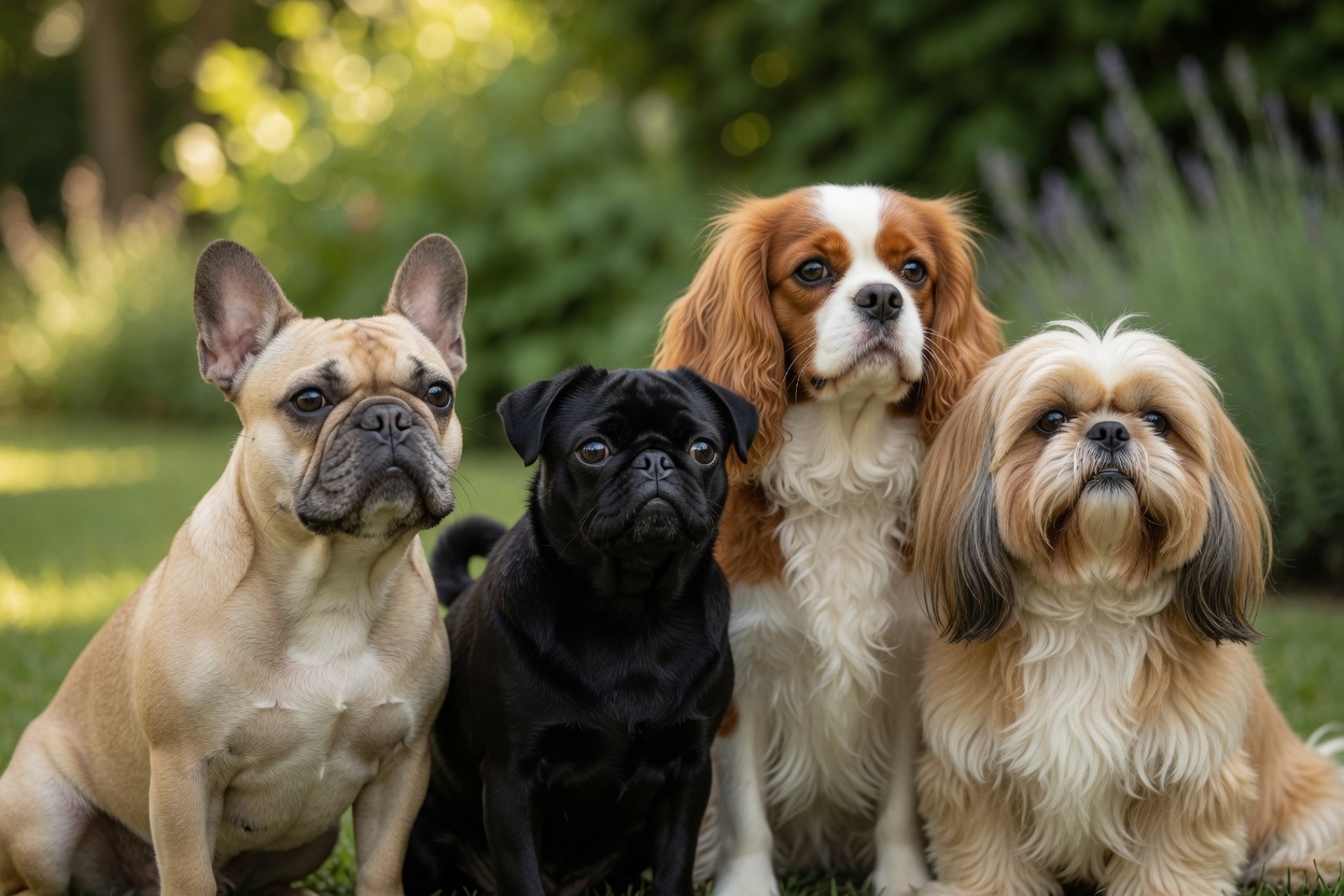 Four dog breeds predisposed to cherry eye: French Bulldog, Pug, Cavalier King Charles Spaniel, and Shih Tzu sitting together outdoors