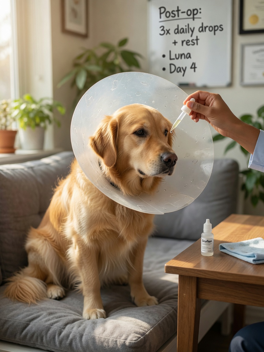 Golden Retriever wearing Elizabethan cone collar receiving post-surgery eye drop treatment from veterinarian's hand during recovery aftercare