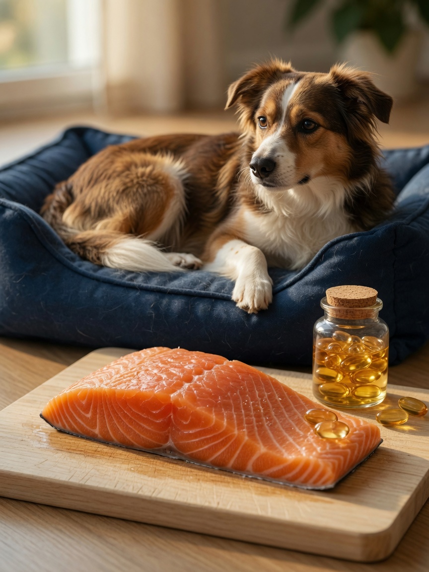 Fresh salmon fillet on cutting board with fish oil and a healthy dog resting in background