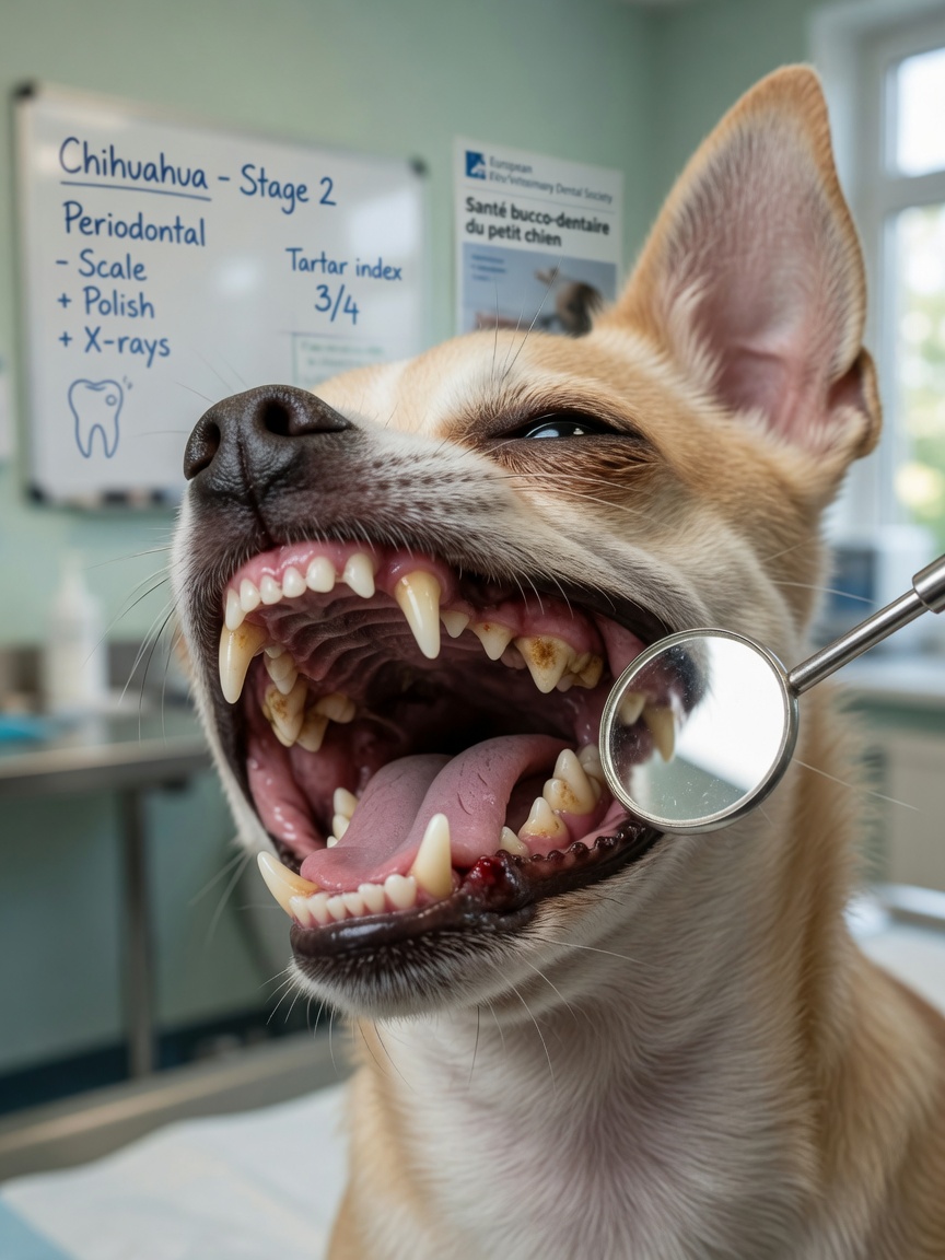 Close-up of Chihuahua's crowded teeth showing tartar buildup and periodontal disease