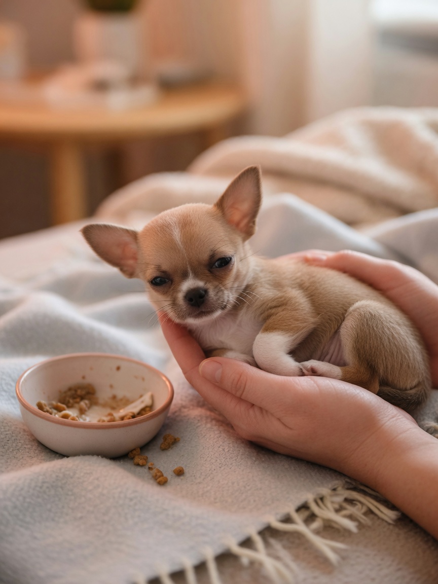 A weak Chihuahua puppy trembling during a hypoglycemic episode, supported by owner's caring hand
