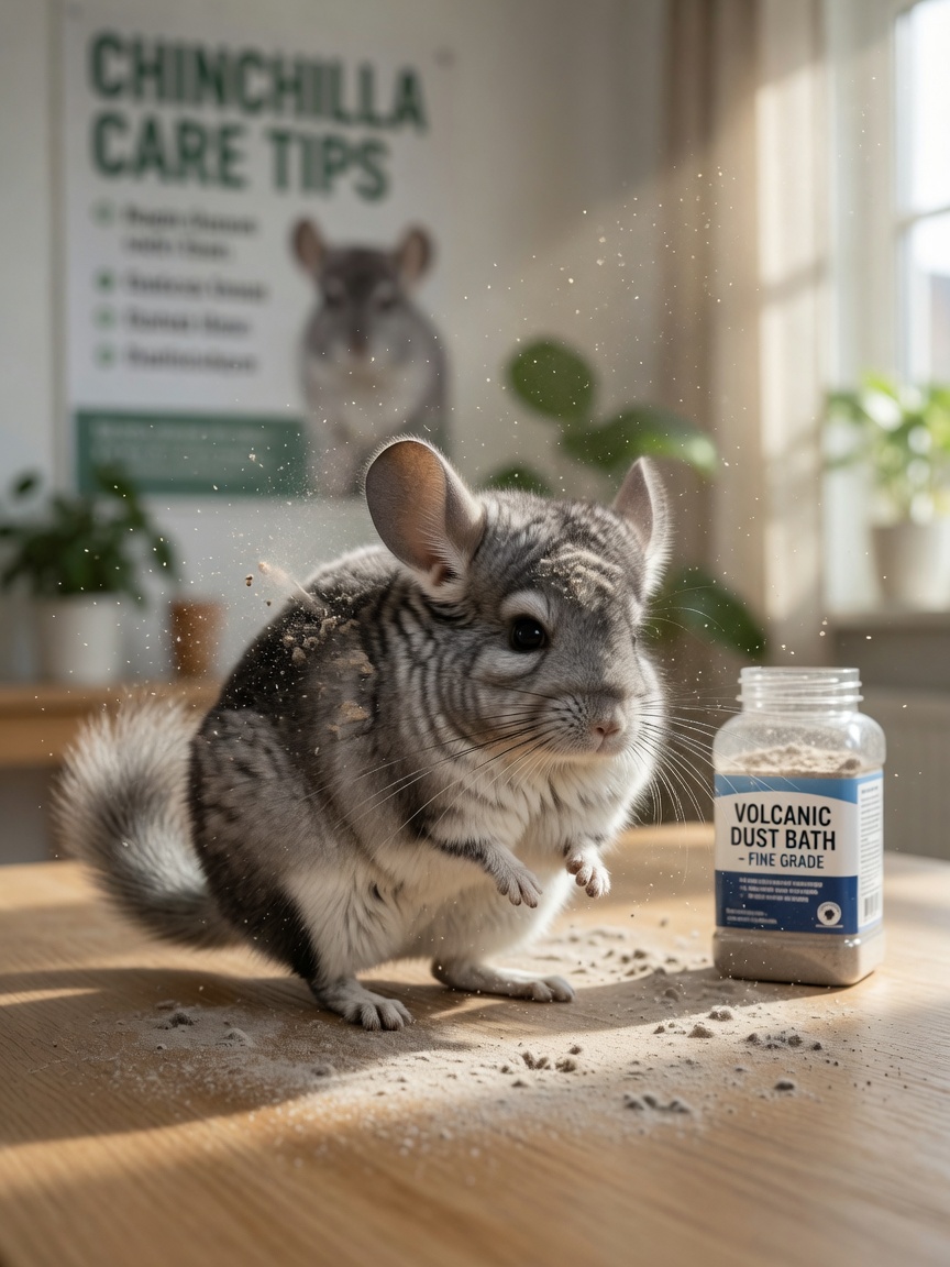 Chinchilla shaking off dust after a dust bath with particles visible in the light