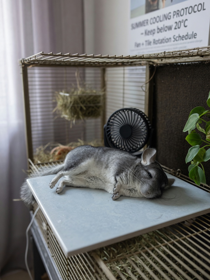 Chinchilla resting on a cool ceramic tile in a shaded cage area to regulate body temperature