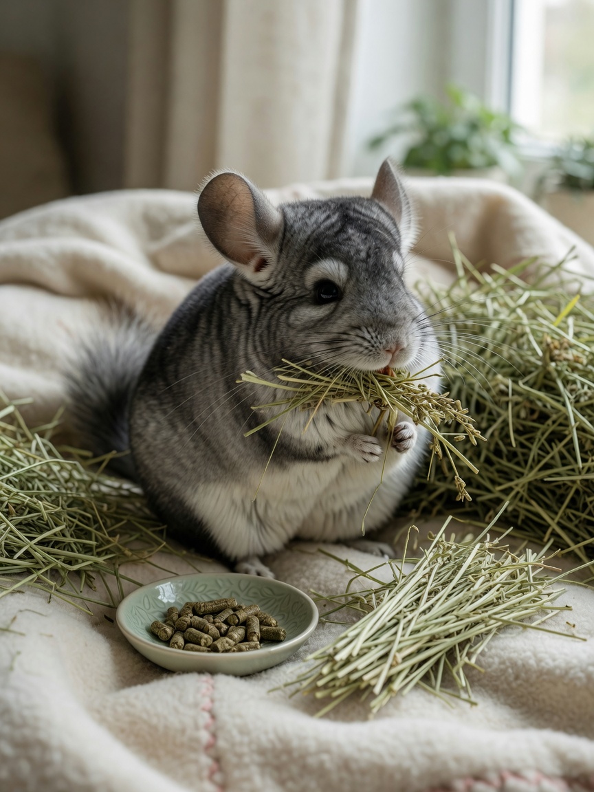 Chinchilla kaut Timothyheu, die Grundlage einer angemessenen Ernährung