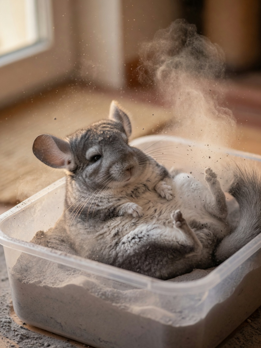 Chinchilla genießt ein Staudbad, um sein dichtes Fell zu reinigen