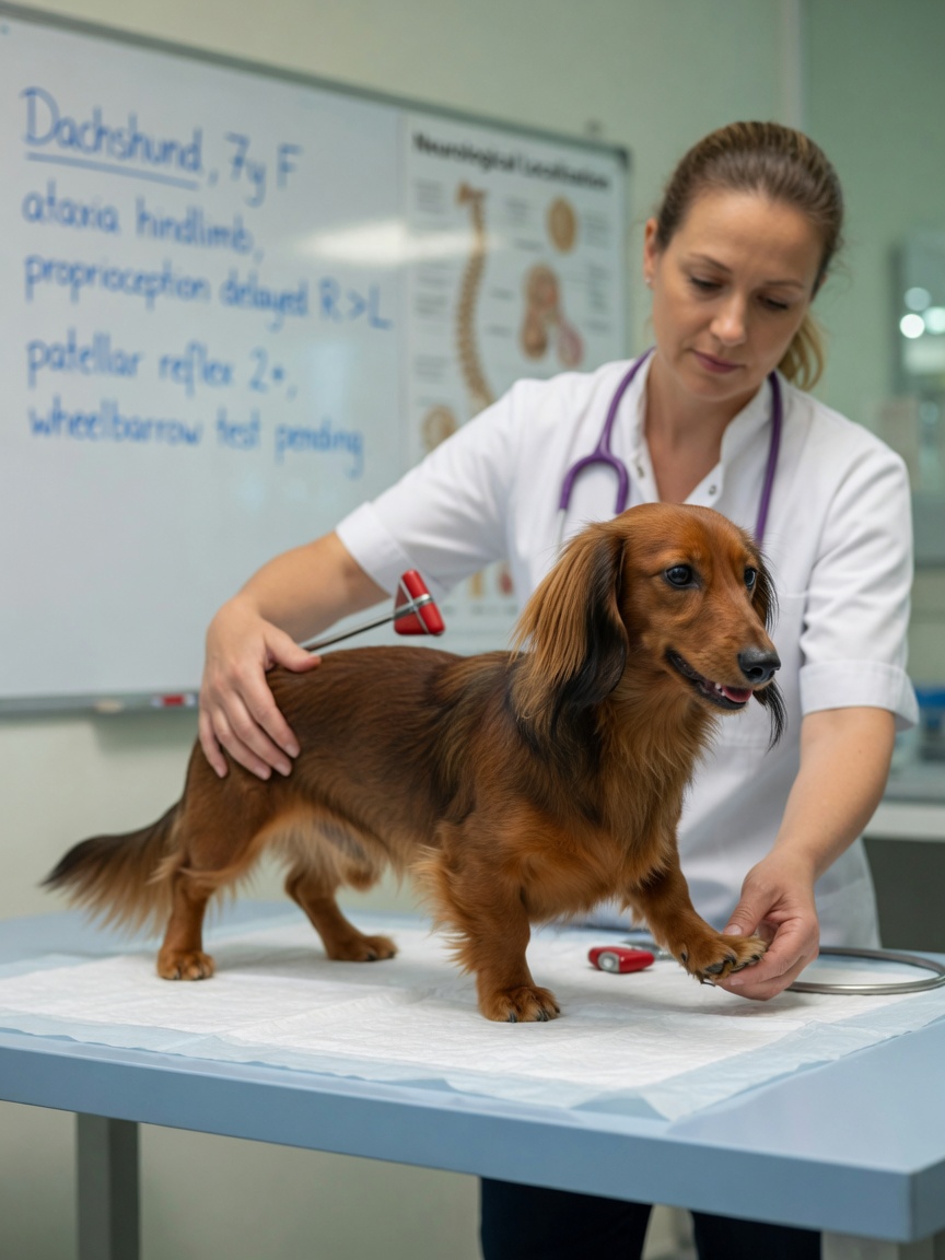 Veterinarian examining a Dachshund's gait and neurological function during assessment