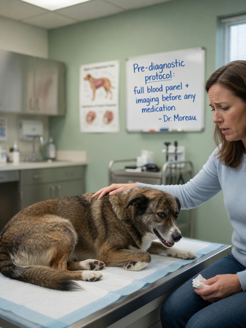 Dog owner with their anxious dog in a veterinary clinic waiting for proper assessment