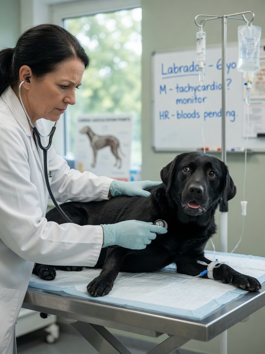 Veterinario che esamina il cuore di un Labrador nero in difficoltà con lo stetoscopio durante una valutazione di emergenza per tossicità da cioccolato
