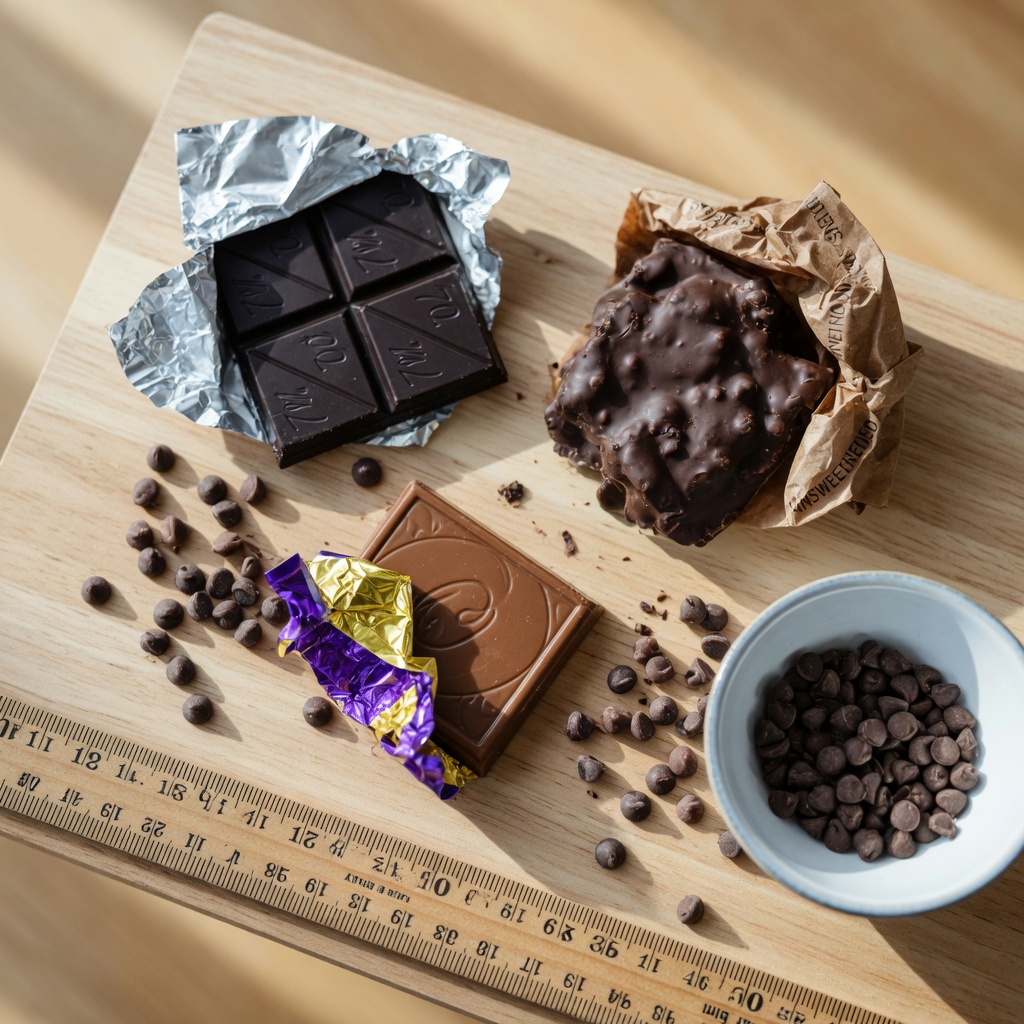 Vista dall'alto di diversi tipi di cioccolato - fondente, da forno, al latte e gocce - disposte su una superficie in legno con scala di misurazione