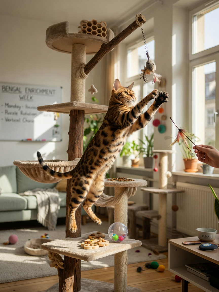 Eine energiegeladene Bengal-Katze springt auf einem hohen Kratzbaum mit interaktiven Spielzeugen