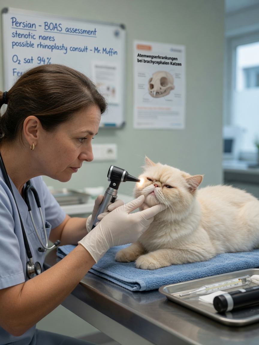 Tierarzt untersucht die Nasengänge einer flachgesichtigen Perserkatze während einer Gesundheitskonsultation