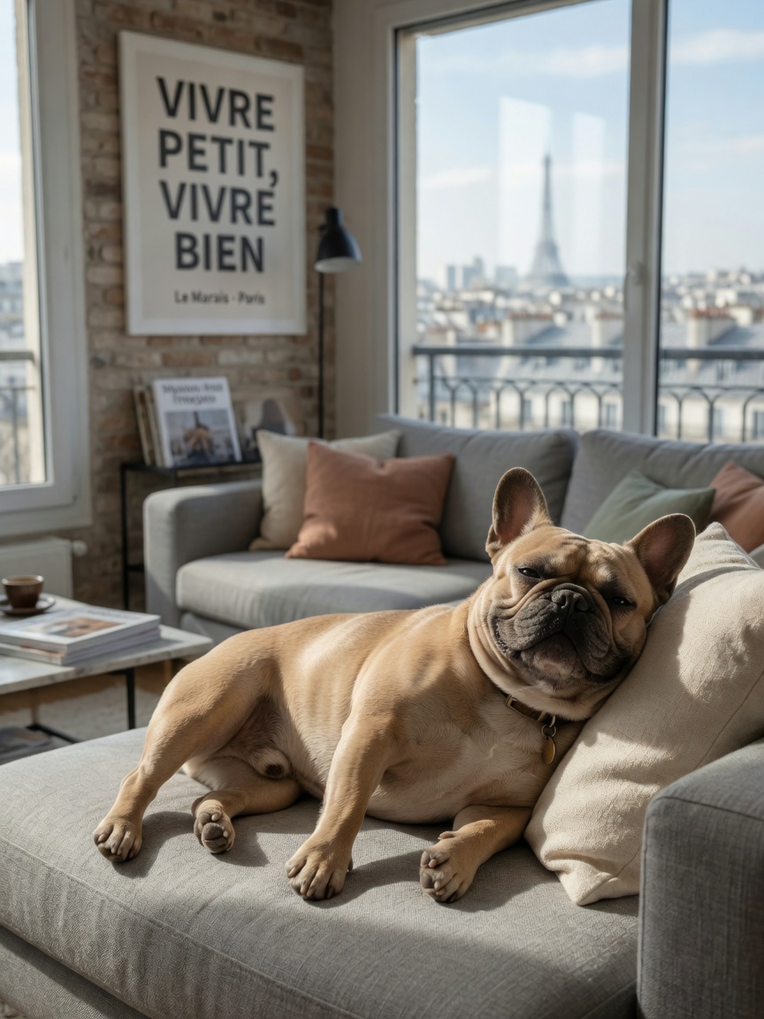 A French Bulldog resting on a sofa in a small urban apartment, demonstrating suitability for compact living spaces