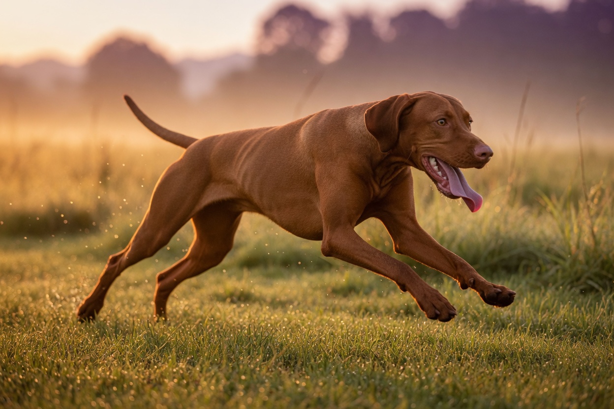 A Vizsla running at full speed across an open field, illustrating the high daily exercise demands of energetic dog breeds