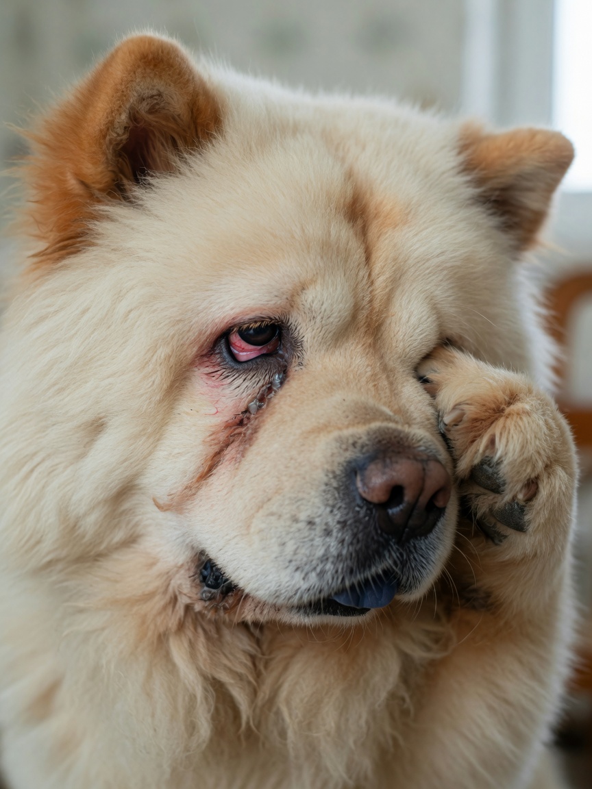 Close-up of a Chow Chow's eye showing signs of entropion and eye irritation