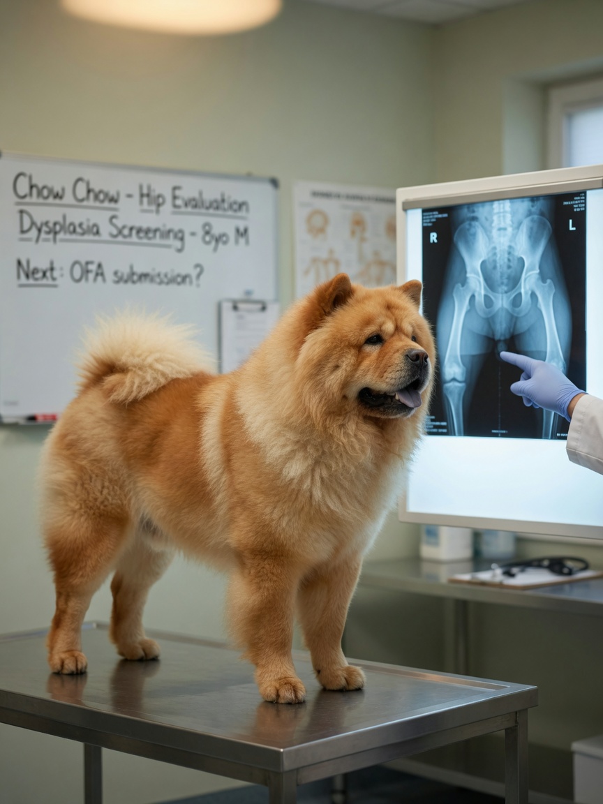Veterinarian reviewing a hip radiograph with a Chow Chow standing nearby during diagnostic assessment