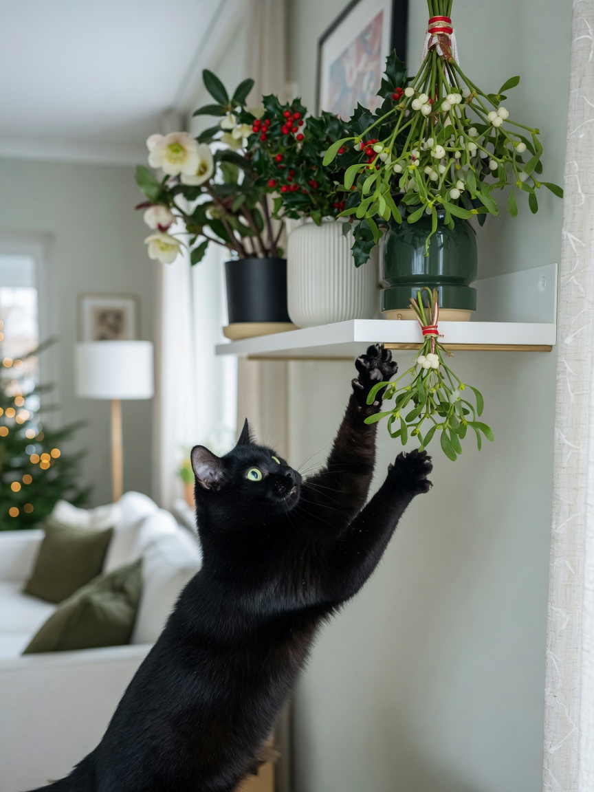 Black cat with green eyes reaching up toward high shelf with toxic Christmas plants including mistletoe, holly, and Christmas rose