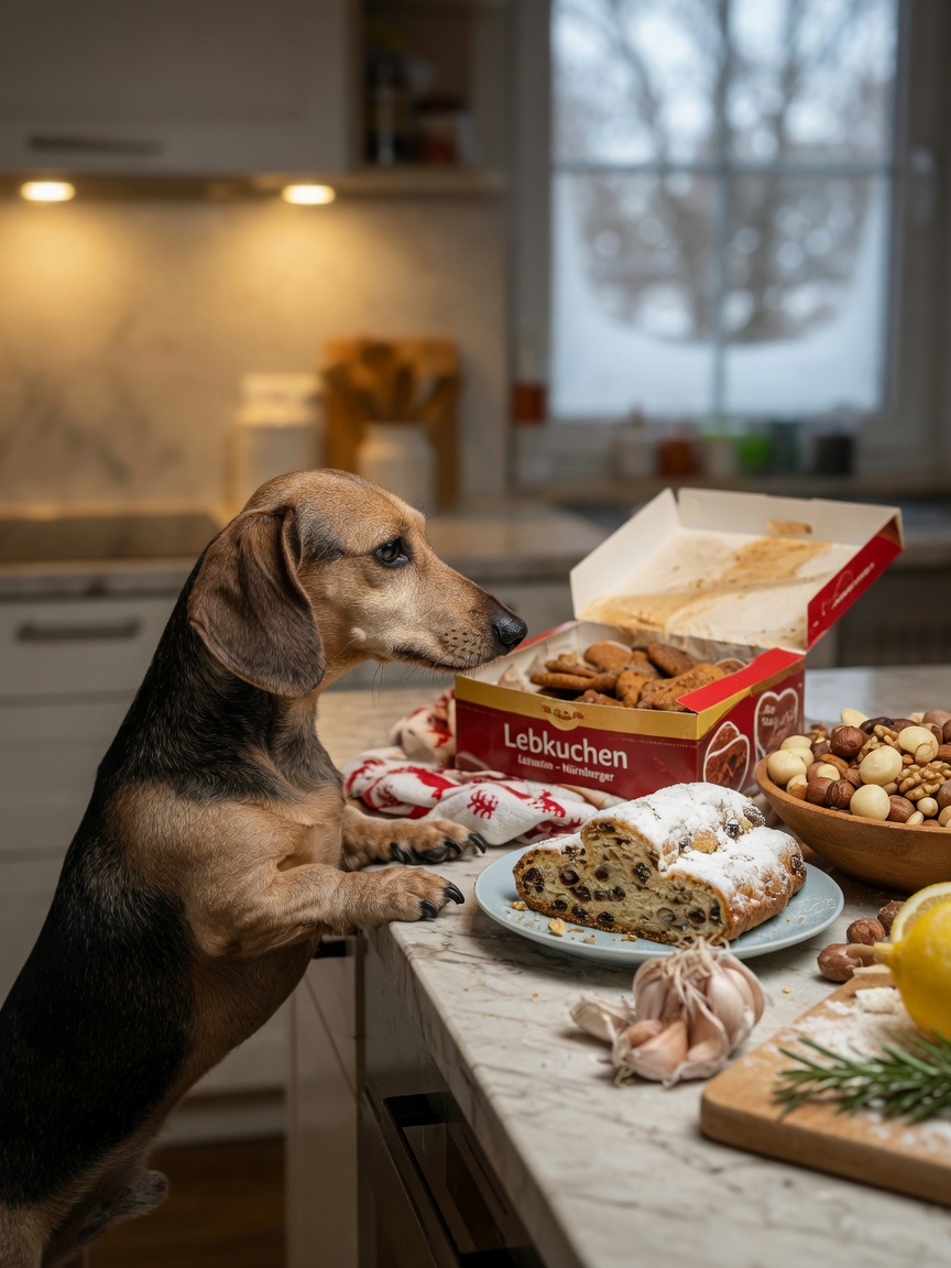 Dachshund standing on hind legs at kitchen counter investigating toxic Christmas foods including Lebkuchen, Stollen, nuts, and garlic
