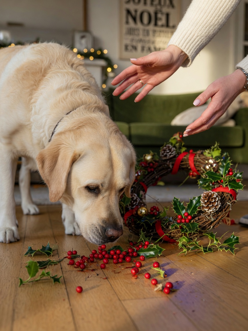 Golden Labrador sniffing fallen holly berries with owner reaching down to prevent ingestion
